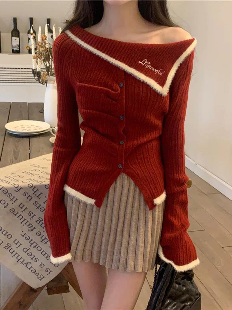 Zoki Slash Neck Sexy Sweaters Women Slim Vintage Letter Knitted Pullovers Elegant Long Sleeve Female Korean Design Sweet Red Top
Zoki Slash Neck Sexy Sweaters Women Slim Vintage Letter Knitted Pullovers Elegant Long Sleeve Female Korean Design Sweet Red Top