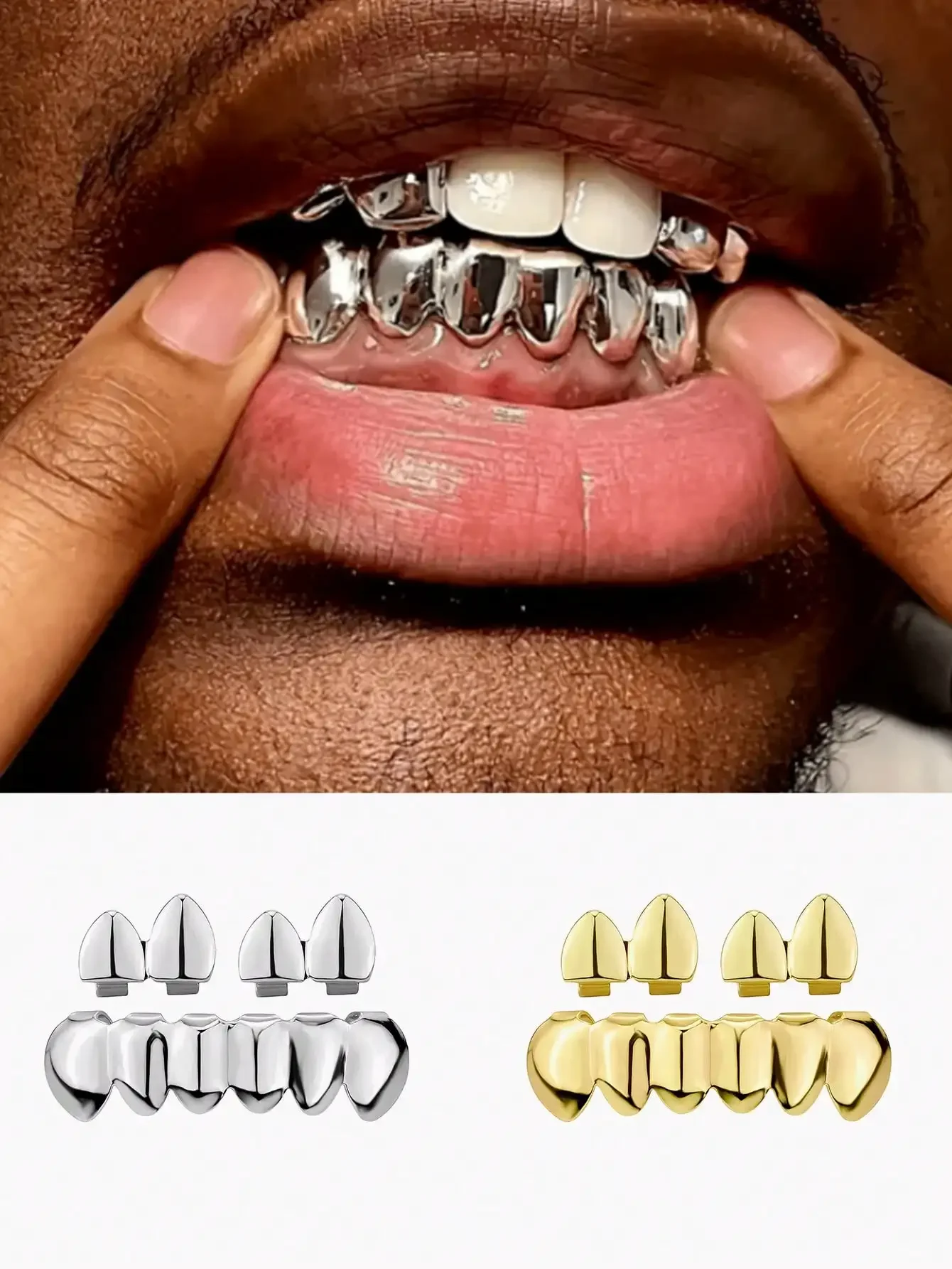 1 Set Of 2 Smooth Top & 6 Teeth Dual-Tone Metal Hip Hop Teeth Grillz, Unisex Party & Daily Decoration
1 Set Of 2 Smooth Top & 6 Teeth Dual-Tone Metal Hip Hop Teeth Grillz, Unisex Party & Daily Decoration