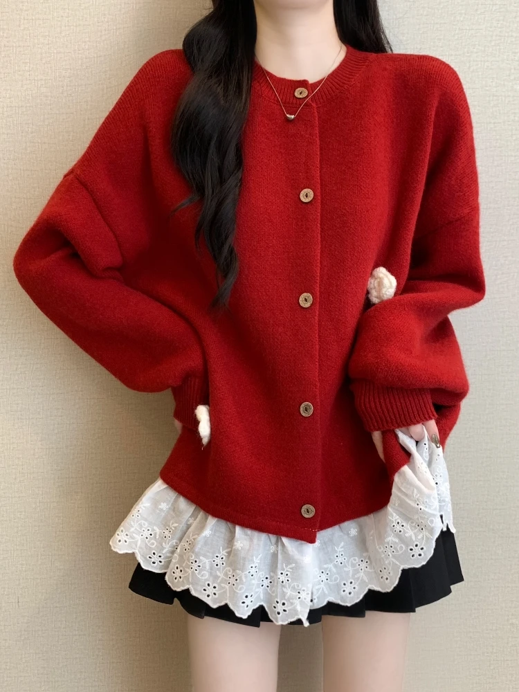 Red Knitted Open Cardigan Sweater Women's plus Size Autumn Spring Lace Splicing Fake Two-Piece Warmth round Neck Long Sleeve
Red Knitted Open Cardigan Sweater Women's plus Size Autumn Spring Lace Splicing Fake Two-Piece Warmth round Neck Long Sleeve