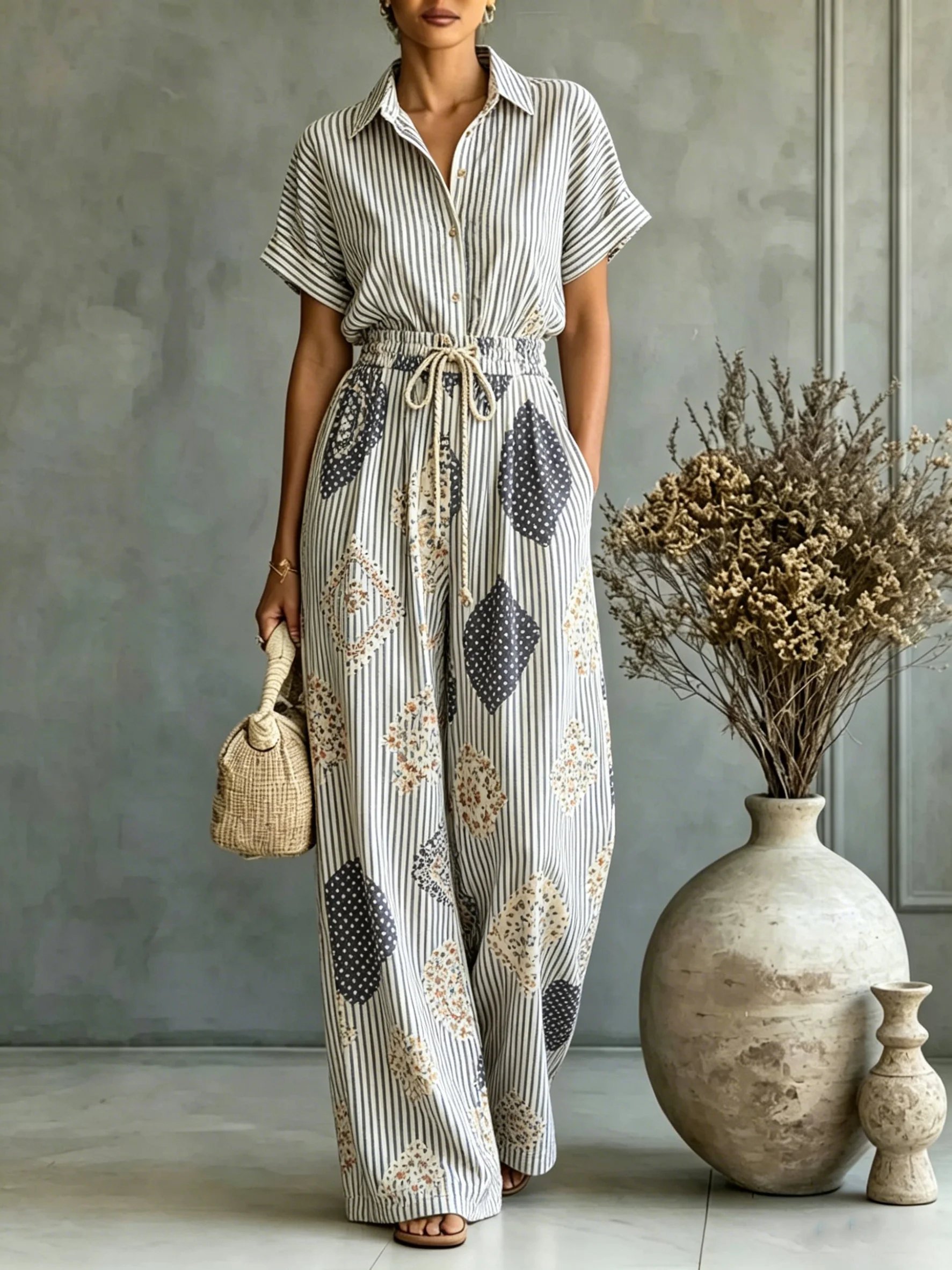 Women's Summer Mixed Print Two Piece Set Short Sleeve Turn-Down Collar Shirt & Elastic Waist Pants Casual Fashion Outfit
Women's Summer Mixed Print Two Piece Set Short Sleeve Turn-Down Collar Shirt & Elastic Waist Pants Casual Fashion Outfit