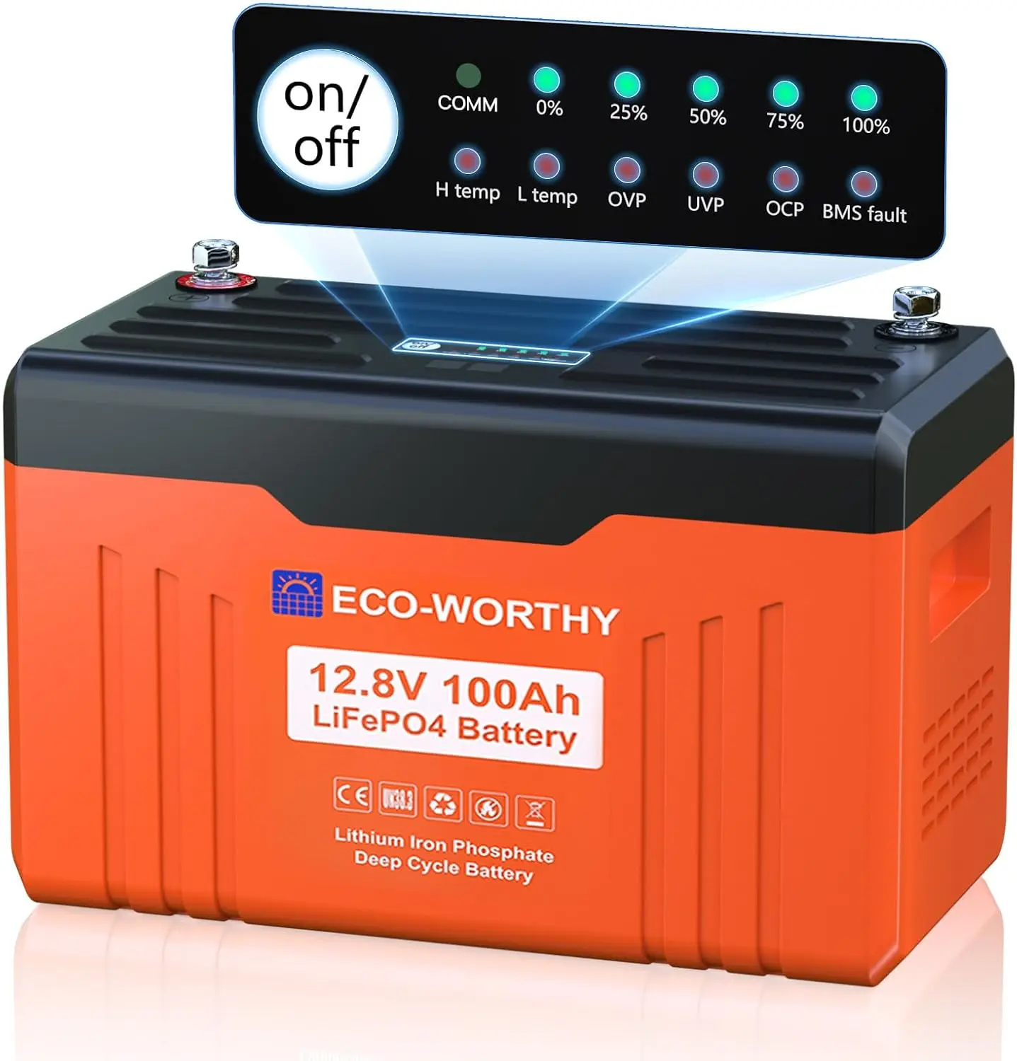 12V 100AH LiFePO4 Lithium Battery with SOC Display, Upgrade 2.0 with built-in Bluetooth, 100A BMS with Low-Temp Protection, Suit
12V 100AH LiFePO4 Lithium Battery with SOC Display, Upgrade 2.0 with built-in Bluetooth, 100A BMS with Low-Temp Protection, Suit