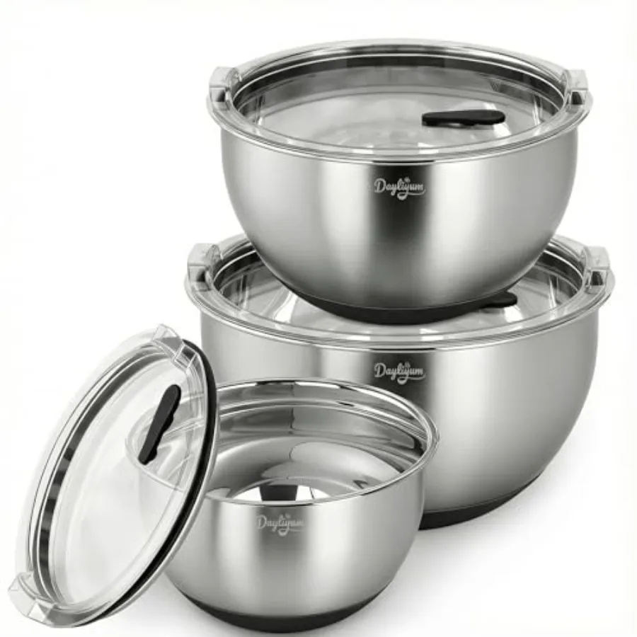 Mixing Bowls with Airtight Lids, Stainless Steel Nesting Bowl Set with Clear Lids and Valve, 3 Essential Sizes 1.5/3/5 QT , Mea
Mixing Bowls with Airtight Lids, Stainless Steel Nesting Bowl Set with Clear Lids and Valve, 3 Essential Sizes 1.5/3/5 QT , Mea