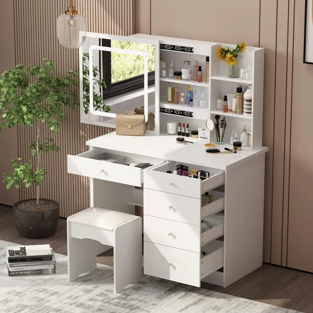Vanity Desk Set with Lighted Sliding Mirror, 3 Colors LED, Drawers, Shelves & Stool, White
Vanity Desk Set with Lighted Sliding Mirror, 3 Colors LED, Drawers, Shelves & Stool, White