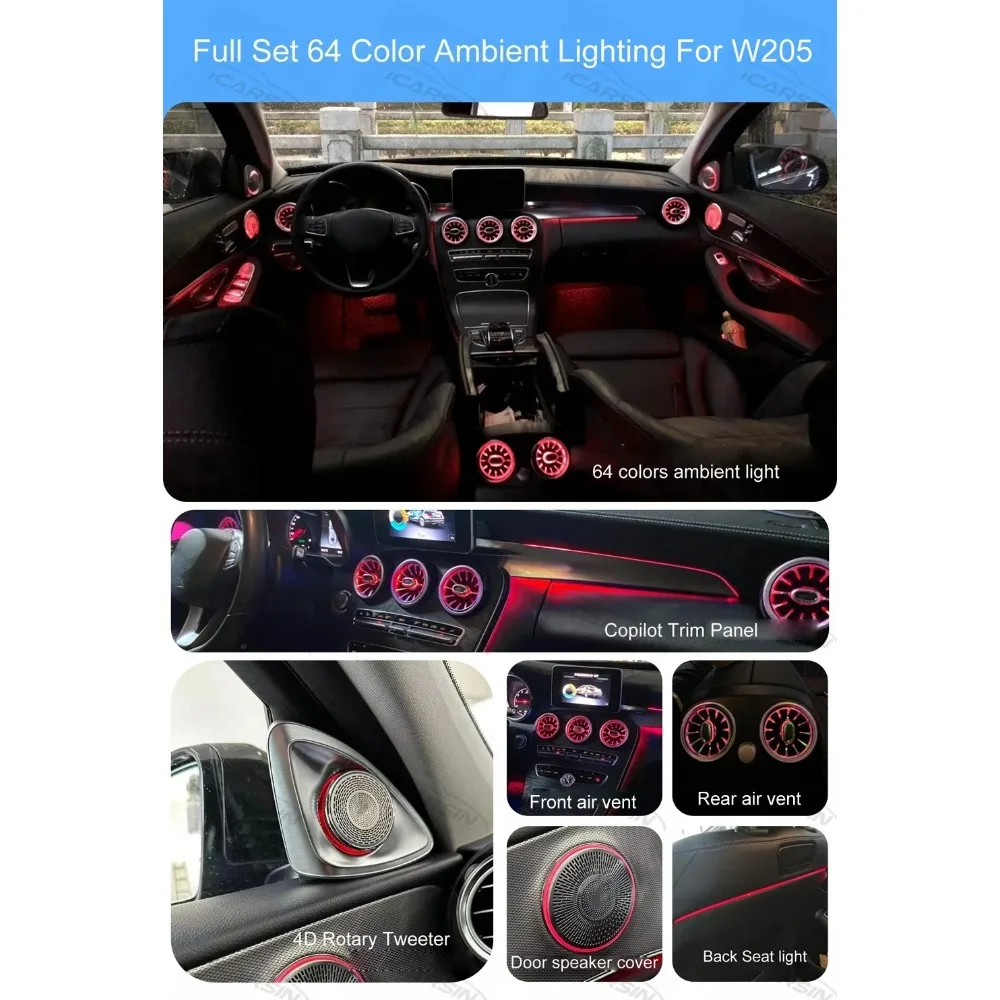 APP Control 64 Colors Ambient Light for Mercedes C Class W205 2015-2021 Interior Atmosphere Lamp Upgrade Kit
APP Control 64 Colors Ambient Light for Mercedes C Class W205 2015-2021 Interior Atmosphere Lamp Upgrade Kit