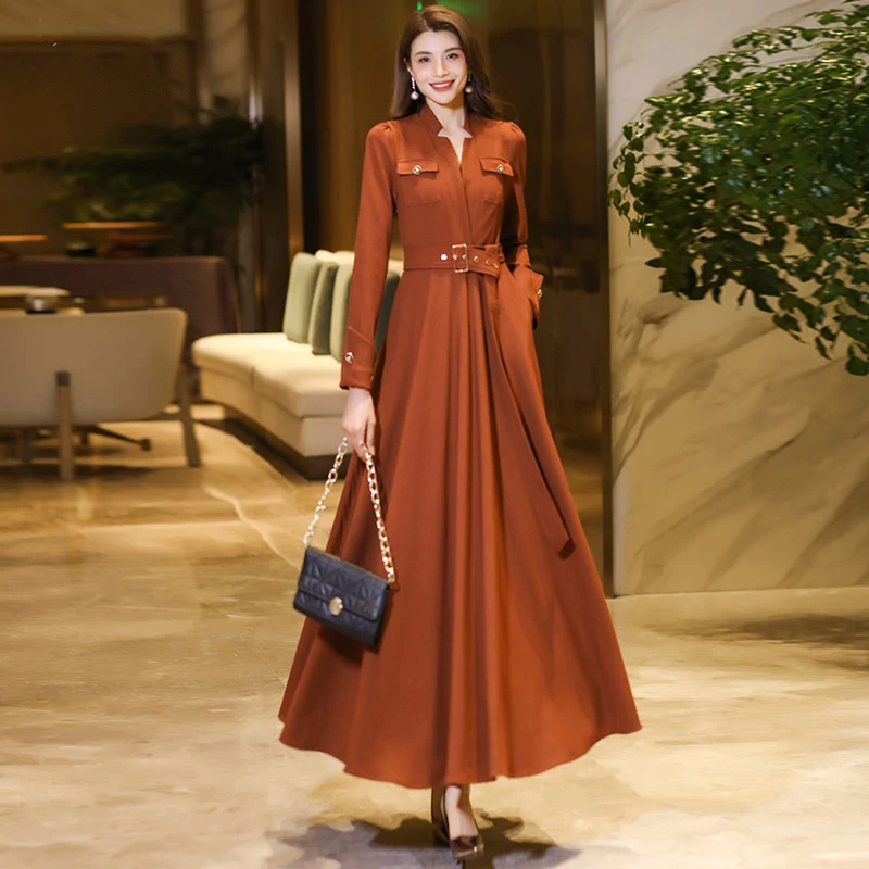 New Women Spring Autumn Dark Orange Long Dress Fashion V-Neck Long Sleeve Belt Slim Dress Elegant Overlength Pullover Dress
New Women Spring Autumn Dark Orange Long Dress Fashion V-Neck Long Sleeve Belt Slim Dress Elegant Overlength Pullover Dress