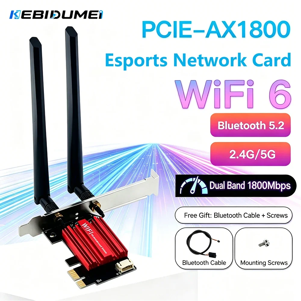 Kebidumei WiFi 6E AX1800 BT5.2 PCIE Wifi Adapter Dual Band 2.4G/5G 1800Mbps 802.11AX Wireless Network Card For Desktop Win 10 11
Kebidumei WiFi 6E AX1800 BT5.2 PCIE Wifi Adapter Dual Band 2.4G/5G 1800Mbps 802.11AX Wireless Network Card For Desktop Win 10 11
