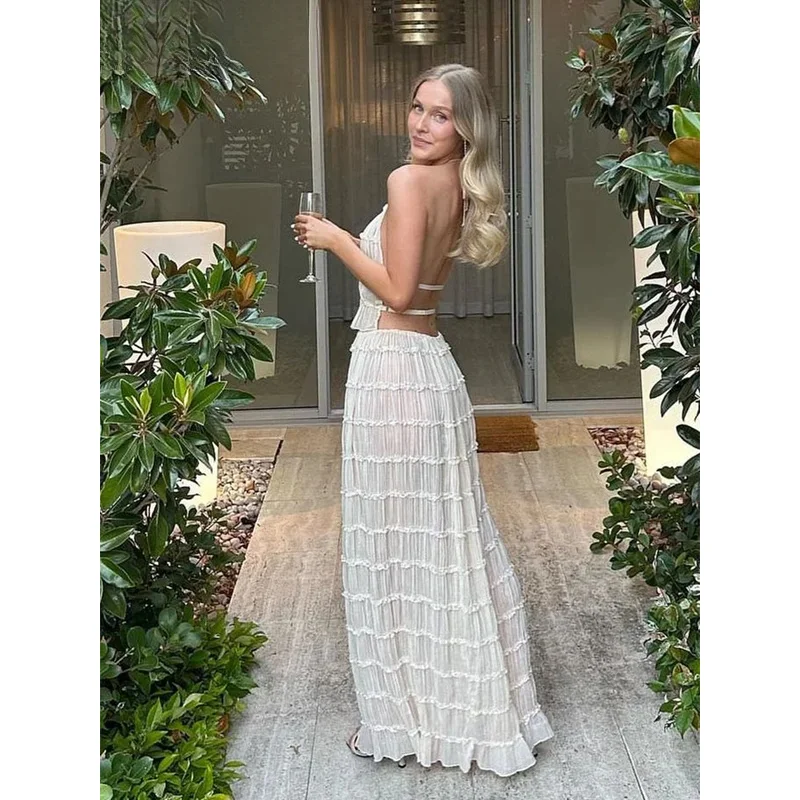 Bonny Summer Sexy Halter Tank Tops Long Skirt Sets Women See Through Lace Up Crop Top White Loose Skirt Suit Ladies Beach Outfit
Bonny Summer Sexy Halter Tank Tops Long Skirt Sets Women See Through Lace Up Crop Top White Loose Skirt Suit Ladies Beach Outfit