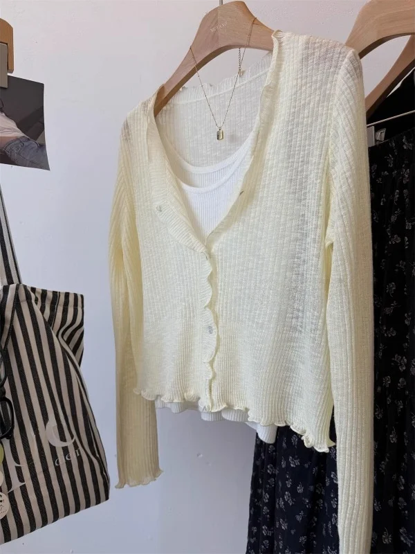 Hangzhou Seasonal Yellow Lace Trim Open Cardigan Thin Ice Silk Knitted Air Conditioner Cover up Summer Top Women's Fashion
Hangzhou Seasonal Yellow Lace Trim Open Cardigan Thin Ice Silk Knitted Air Conditioner Cover up Summer Top Women's Fashion