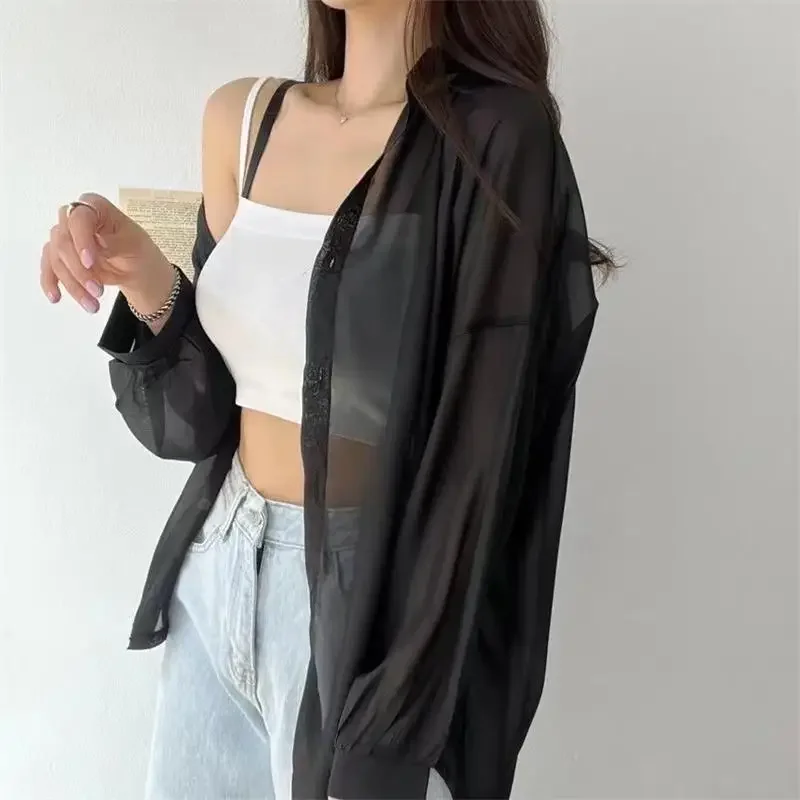 Shirts Women Sheer Thin Chic Summer Simple Solid Sun-proof Tops Fashion Baggy All-match Basic Korean Style Sexy Clothes
Shirts Women Sheer Thin Chic Summer Simple Solid Sun-proof Tops Fashion Baggy All-match Basic Korean Style Sexy Clothes