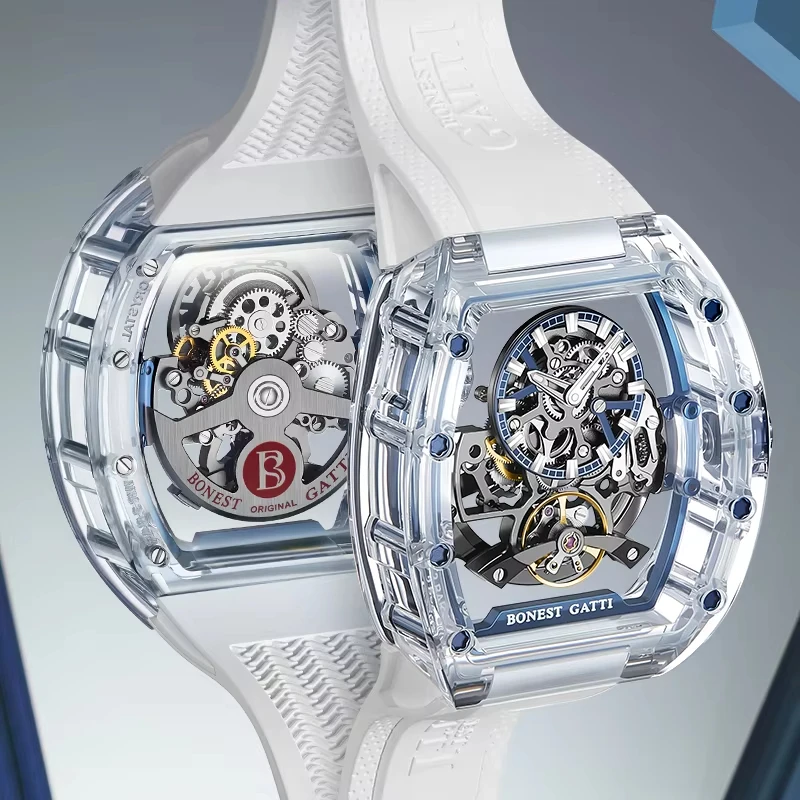 BONEST GATTI Men's Fashion Automatic Watch Tonneau Mechanical Wristwatch with Acrylic Case Sapphire Lume Hollow out Dial Fluoror
BONEST GATTI Men's Fashion Automatic Watch Tonneau Mechanical Wristwatch with Acrylic Case Sapphire Lume Hollow out Dial Fluoror