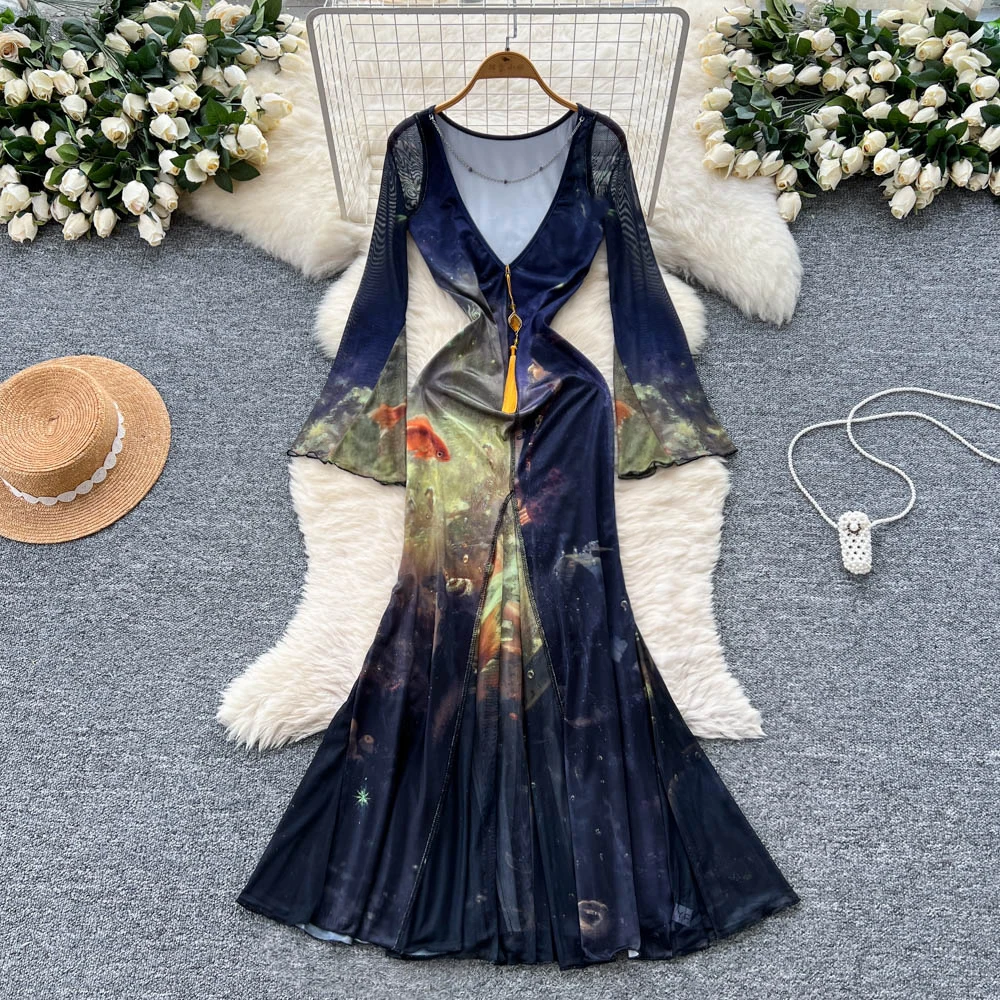 Women Long Flare Sleeve Print Dress Autumn Winter V Neck Sexi Party Dinner Banqurts Dresses Lady Elegant Evening Night Out Dress
Women Long Flare Sleeve Print Dress Autumn Winter V Neck Sexi Party Dinner Banqurts Dresses Lady Elegant Evening Night Out Dress
