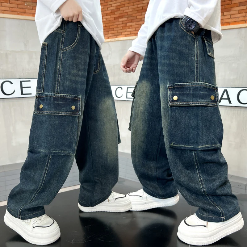 New Arrival Autumn Children's Cargo Jeans with Side Pocket for Tween Boys Loose Straight Denim Pants Kids Retro Blue Trousers
New Arrival Autumn Children's Cargo Jeans with Side Pocket for Tween Boys Loose Straight Denim Pants Kids Retro Blue Trousers