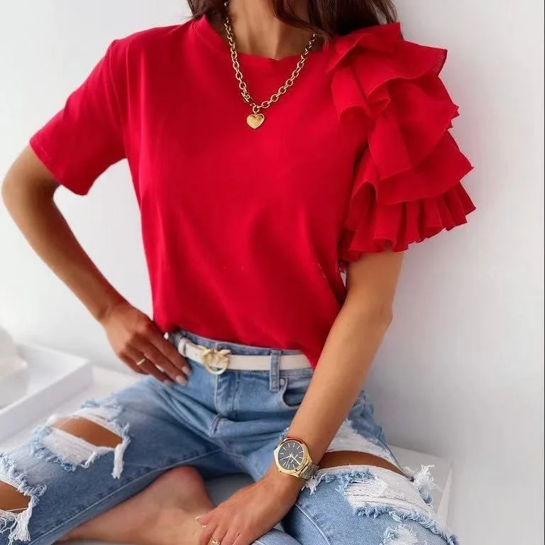 Women's T-Shirt Summer New Elegant and Personalized Style Stacked Mushroom Edge Splicing Round Neck Slim Short Sleeve T-Shirt
Women's T-Shirt Summer New Elegant and Personalized Style Stacked Mushroom Edge Splicing Round Neck Slim Short Sleeve T-Shirt