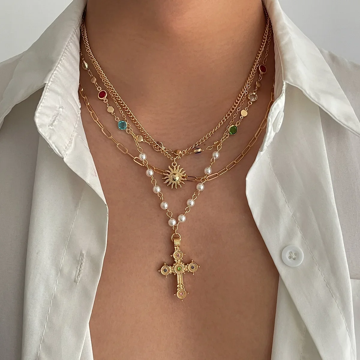 Hot Selling Cross Necklace Men's High-end Hip-hop Fashion Sun Pendant Crystal Clavicle Chain 4 Layers Necklaces
Hot Selling Cross Necklace Men's High-end Hip-hop Fashion Sun Pendant Crystal Clavicle Chain 4 Layers Necklaces
