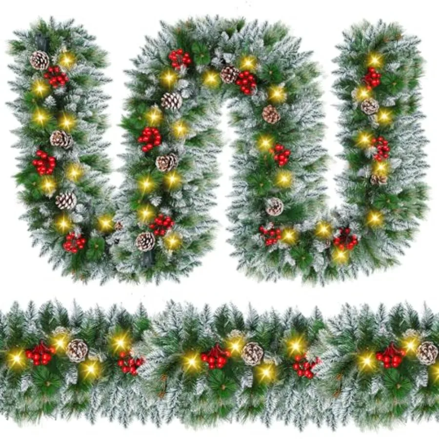 Christmas Garland with Lights - 9FT Pre-Lit Flocked Garland with 30 LED Bulbs, Red Berries, Pine Cones, Artificial Pine Battery
Christmas Garland with Lights - 9FT Pre-Lit Flocked Garland with 30 LED Bulbs, Red Berries, Pine Cones, Artificial Pine Battery
