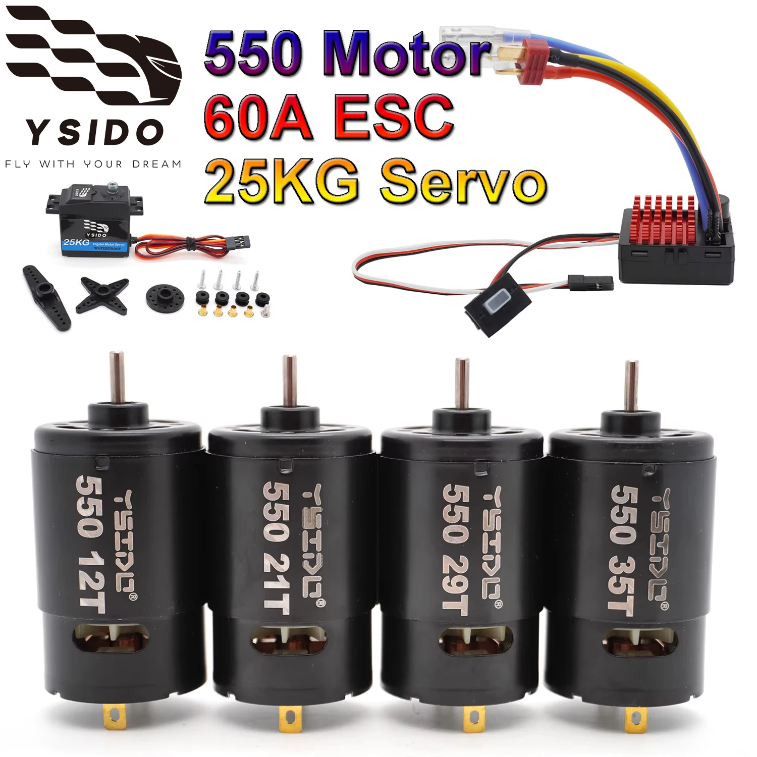 YSIDO 550 Brushed Motor & 60A ESC & 25KG Digital Servo for 1/10 Axial SCX10 Traxxas TRX4 TRX6 RC Crawler Car Upgrade Combo Kit
YSIDO 550 Brushed Motor & 60A ESC & 25KG Digital Servo for 1/10 Axial SCX10 Traxxas TRX4 TRX6 RC Crawler Car Upgrade Combo Kit