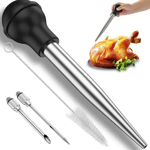 Juego de Baster de pavo de 4 jeringa de Baster de pavo de acero inoxidable, inyector de adobo de carne con 2 agujas, bombilla de silicona y