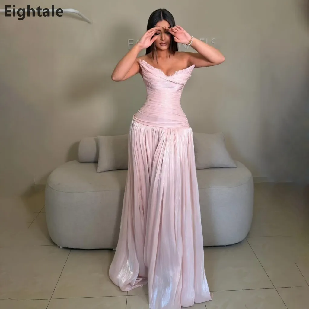 Eightale 2026 Strapless Maxi Evening Dress Blush Pink Metallic Chiffon Ruched Sweetheart Lace Trim Custom Made Prom Gown
Eightale 2026 Strapless Maxi Evening Dress Blush Pink Metallic Chiffon Ruched Sweetheart Lace Trim Custom Made Prom Gown