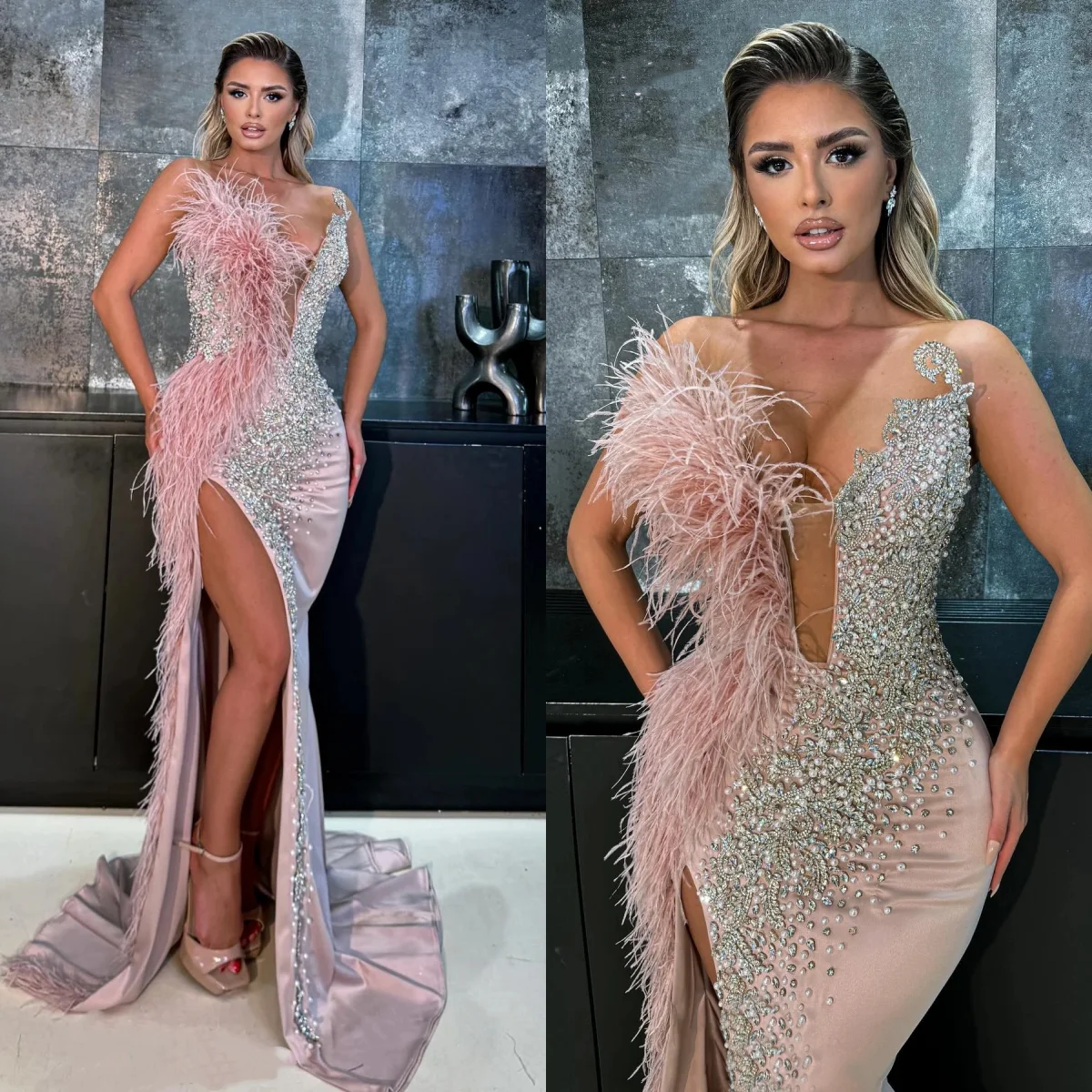 Exquisite Feather Evening Dresses Rhinestone Pearls Prom Gowns Strapless Side Split Sleeveless Customized Party Dresses
Exquisite Feather Evening Dresses Rhinestone Pearls Prom Gowns Strapless Side Split Sleeveless Customized Party Dresses