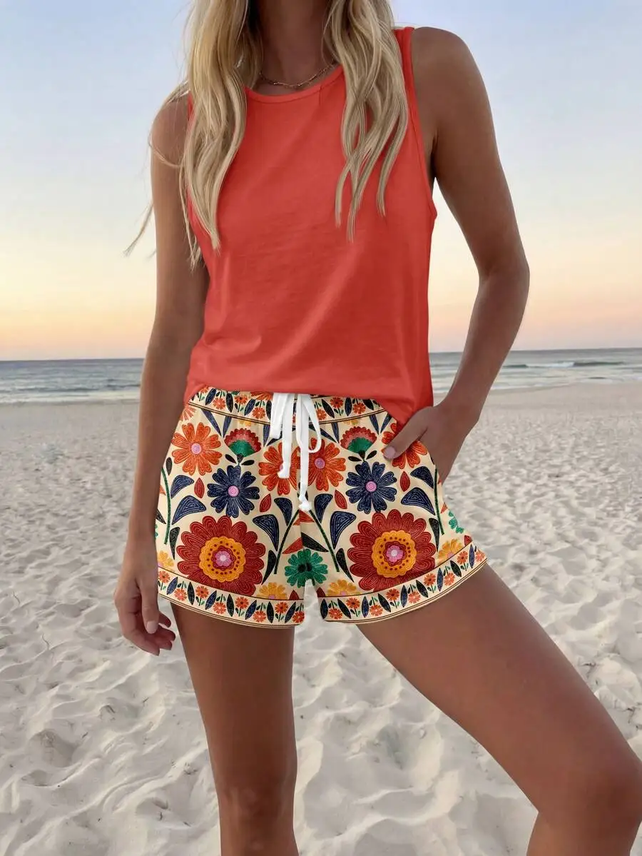 Womens Casual Round Neck Tank Top And Bohemian Floral Print Shorts 2-Piece Set Summer Beach Outfit
Womens Casual Round Neck Tank Top And Bohemian Floral Print Shorts 2-Piece Set Summer Beach Outfit