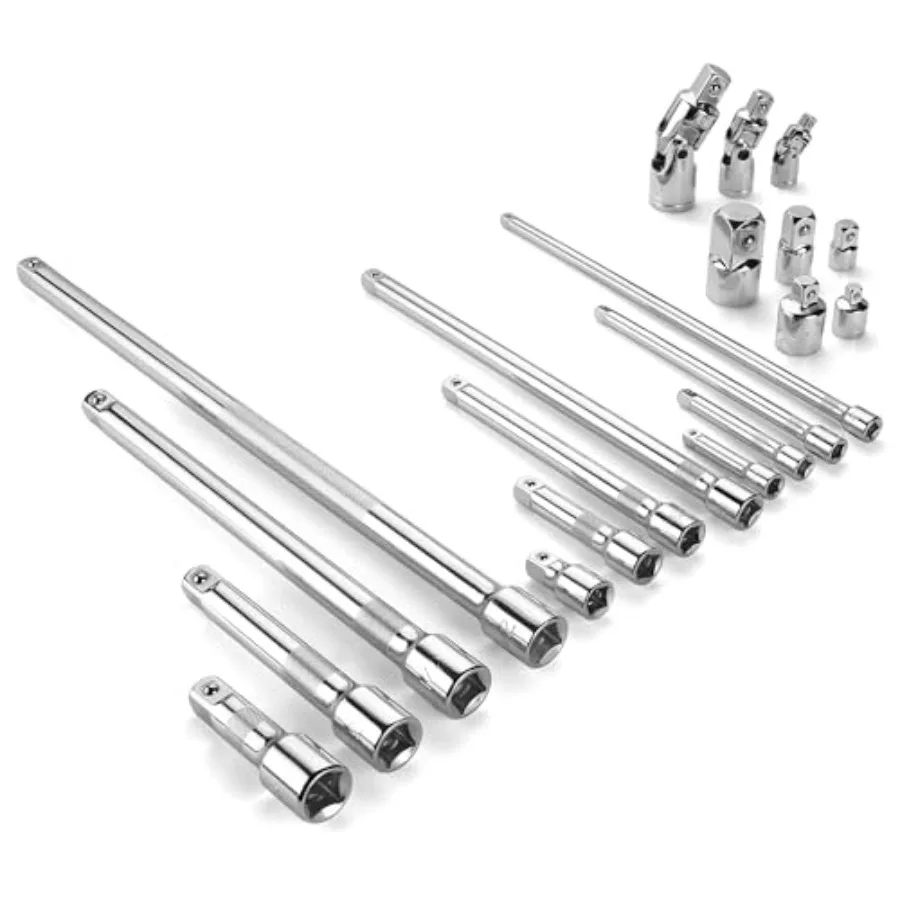 20 Piece Socket Extension Set 1/4" 3/8" and 1/2" Drive Extension Bar Swivel Universal Joints and Adapters SuperKrome Finish Pre
20 Piece Socket Extension Set 1/4" 3/8" and 1/2" Drive Extension Bar Swivel Universal Joints and Adapters SuperKrome Finish Pre