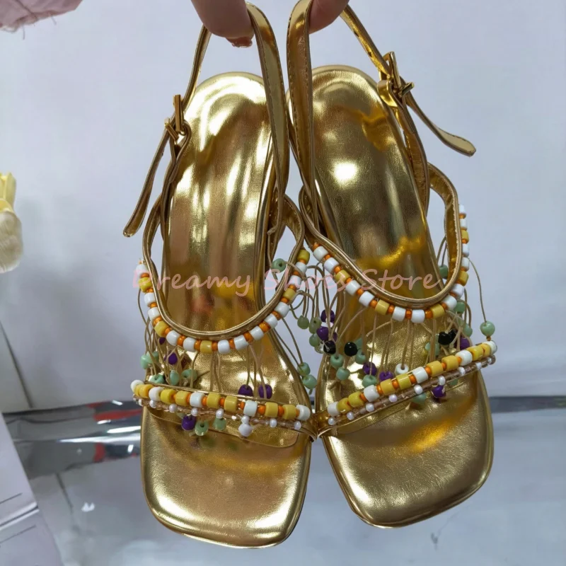 Gold Bead Tassel Fringe Decor Buckle Strap Sandals Women Open Toe Strange Style High Heels Fashion Trendy Party Summer Shoes New
Gold Bead Tassel Fringe Decor Buckle Strap Sandals Women Open Toe Strange Style High Heels Fashion Trendy Party Summer Shoes New