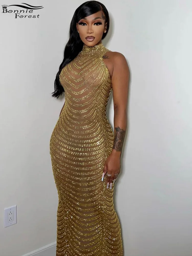 Bonnie Forest Gloden See-Through Glittering Diamonds Maxi Dress Halter Neck Sleeveless Rhinestone Party Dress Celebrities Outfit
Bonnie Forest Gloden See-Through Glittering Diamonds Maxi Dress Halter Neck Sleeveless Rhinestone Party Dress Celebrities Outfit