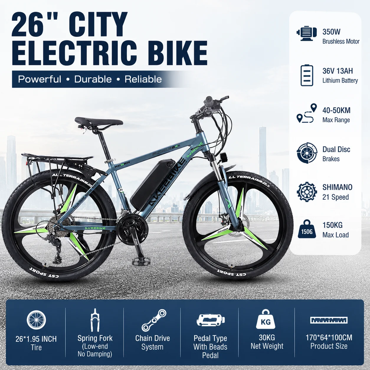 AKEZ 002 E-Bike 26” Commuter Electric Bike 350W Motor 36V 13Ah Removable Battery SHIMANO 21-Speed Dual Disc Brake Adult Bicycle
AKEZ 002 E-Bike 26” Commuter Electric Bike 350W Motor 36V 13Ah Removable Battery SHIMANO 21-Speed Dual Disc Brake Adult Bicycle