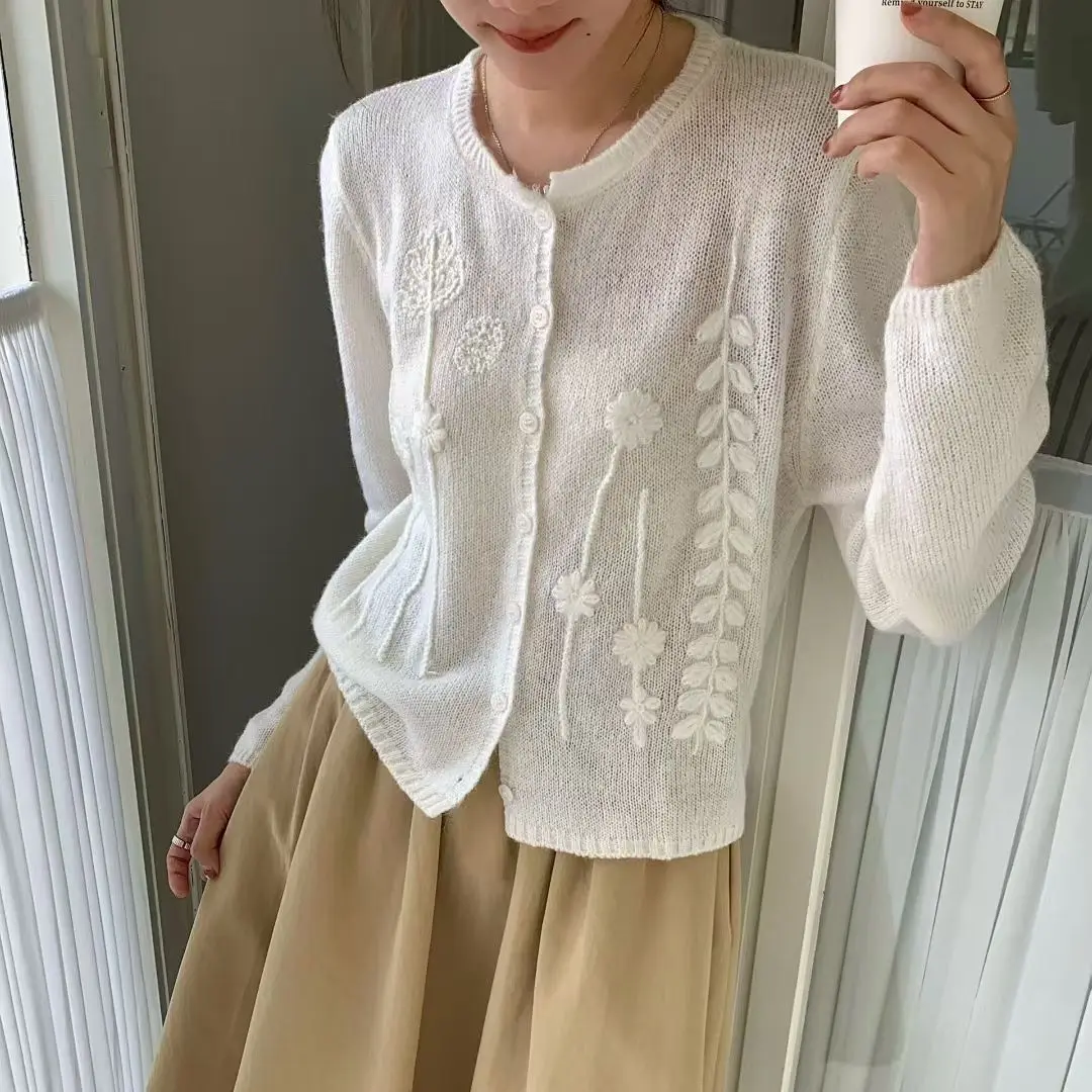 Женский свитер с круглым вырезом и цветочным принтом, кардиган, весна-осень 2024, новый универсальный вязаный тонкий топ 
Женский свитер с круглым вырезом и цветочным принтом, кардиган, весна-осень 2024, новый универсальный вязаный тонкий топ