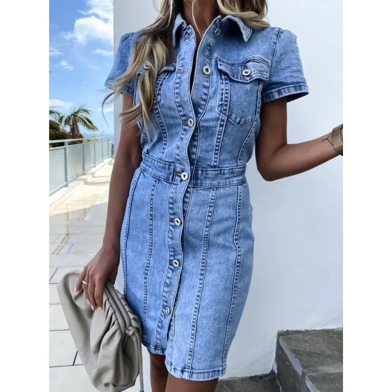Single-Breasted Sheath Denim Dress Short Sleeve Trend Stretch Denim Dress Women Mid Length Retro Slim-Fit Pockets Casual Dress
Single-Breasted Sheath Denim Dress Short Sleeve Trend Stretch Denim Dress Women Mid Length Retro Slim-Fit Pockets Casual Dress