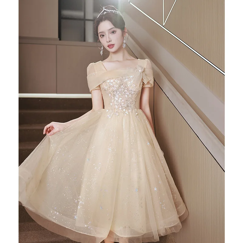 Fashion Champagne Prom Dress Elegant Bow Square Collar Tea-Length Birthday Banquet Gown Tulle Applique Cocktail Party Vestido
Fashion Champagne Prom Dress Elegant Bow Square Collar Tea-Length Birthday Banquet Gown Tulle Applique Cocktail Party Vestido