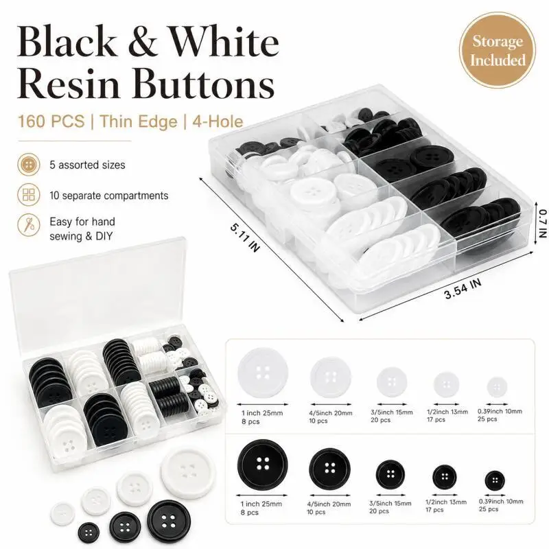 Black and white mixed size resin buttons 160 Pcs/box 10-25mm suitable for sewing, scrapbooking, and DIY craft accessories
Black and white mixed size resin buttons 160 Pcs/box 10-25mm suitable for sewing, scrapbooking, and DIY craft accessories