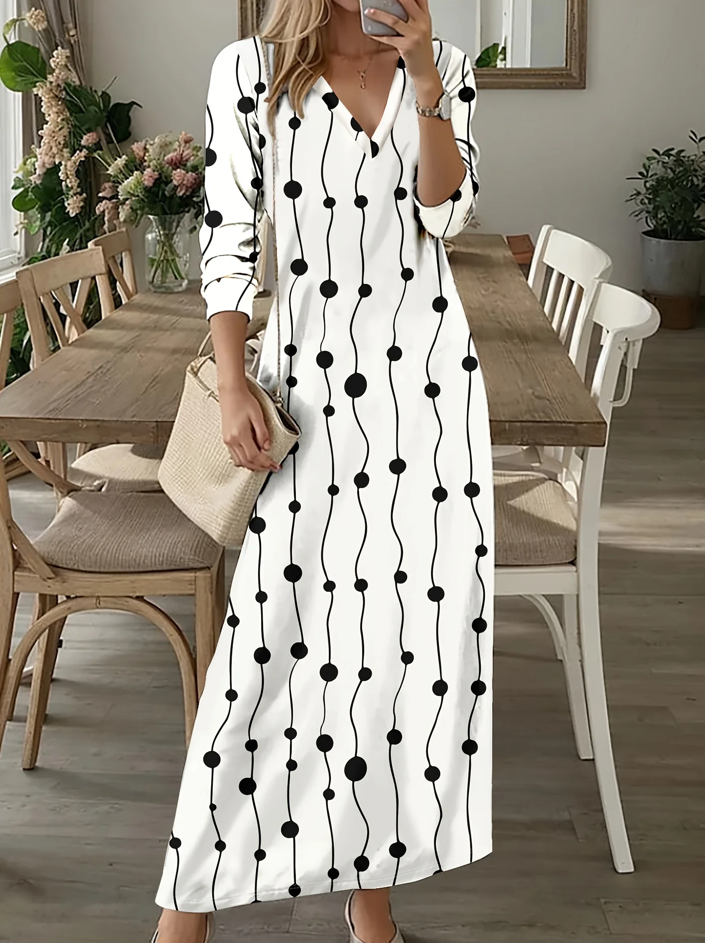 Black Dots On White Lines Pattern Printed Design elegant style long-sleeved dress
Black Dots On White Lines Pattern Printed Design elegant style long-sleeved dress