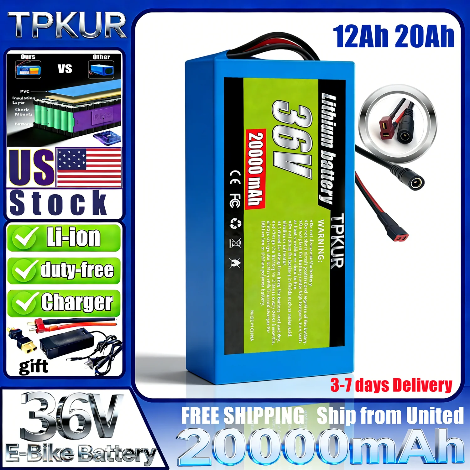 36V 20AH 12AH 18650 battery pack suitable for 100-1000W scooters and motorized commuting tools, with built-in BMS + quick charg
36V 20AH 12AH 18650 battery pack suitable for 100-1000W scooters and motorized commuting tools, with built-in BMS + quick charg
