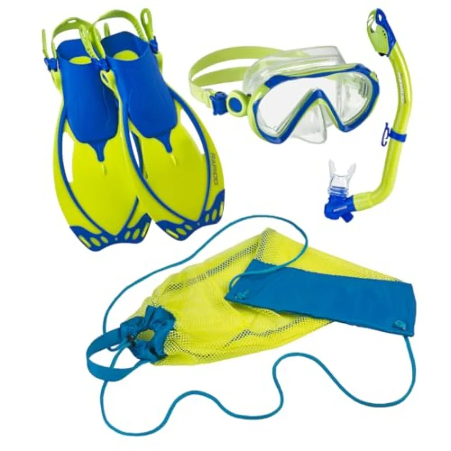 Marine snorkeling set for juniors: Blue Lime colored mask, fins and snorkel made of soft silicone and durable plastic, lightwei
Marine snorkeling set for juniors: Blue Lime colored mask, fins and snorkel made of soft silicone and durable plastic, lightwei