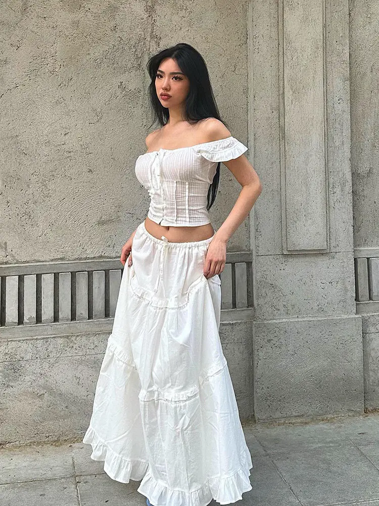 Women Two Piece Set Off Shoulder Back Ruched Top High Waist Lace Ruffle Long Skirt Elegant For Party Daily Holiday Wear
Women Two Piece Set Off Shoulder Back Ruched Top High Waist Lace Ruffle Long Skirt Elegant For Party Daily Holiday Wear