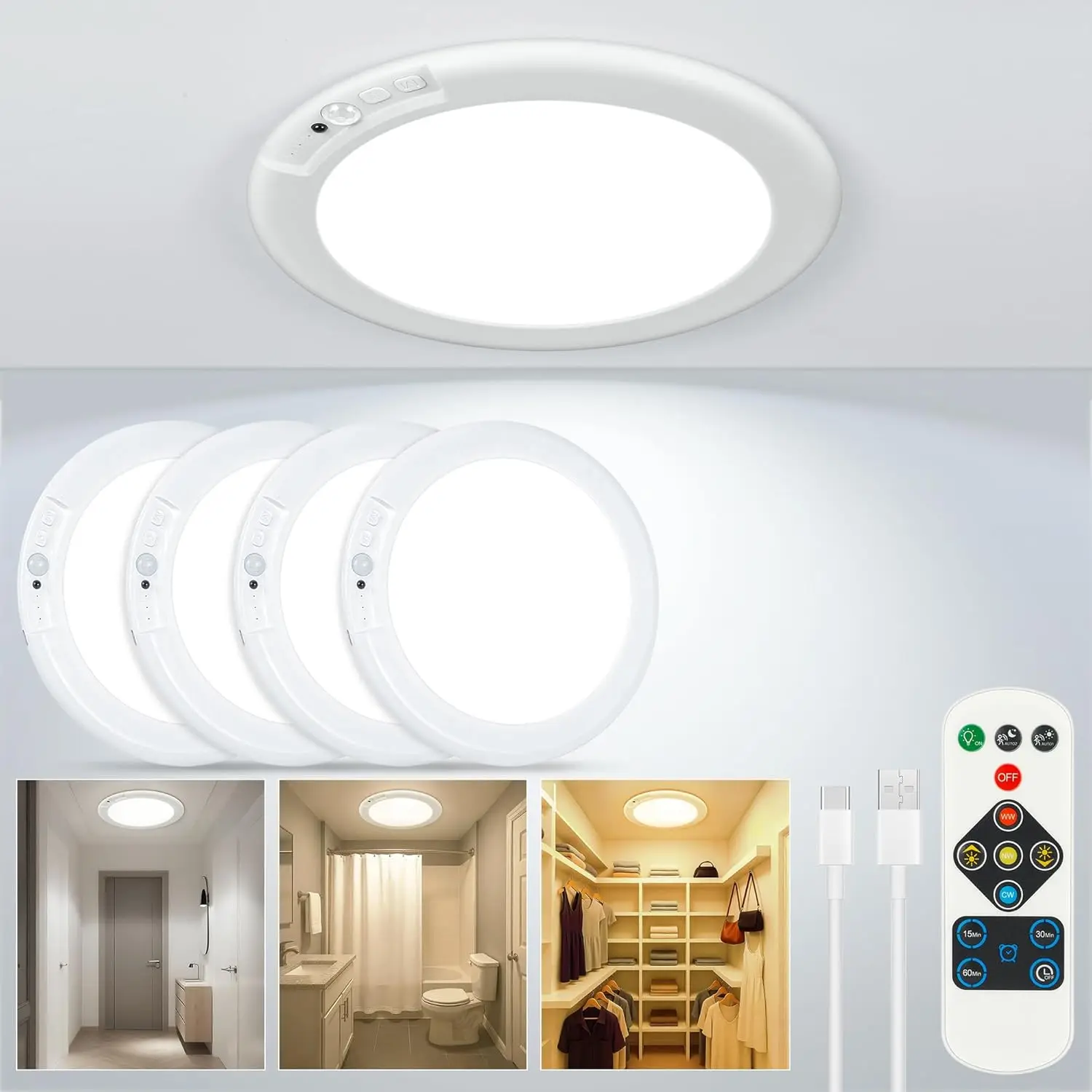 4 Pack Long Battery Motion Sensor Ceiling Light USB-C Rechargeable 3 Color
4 Pack Long Battery Motion Sensor Ceiling Light USB-C Rechargeable 3 Color