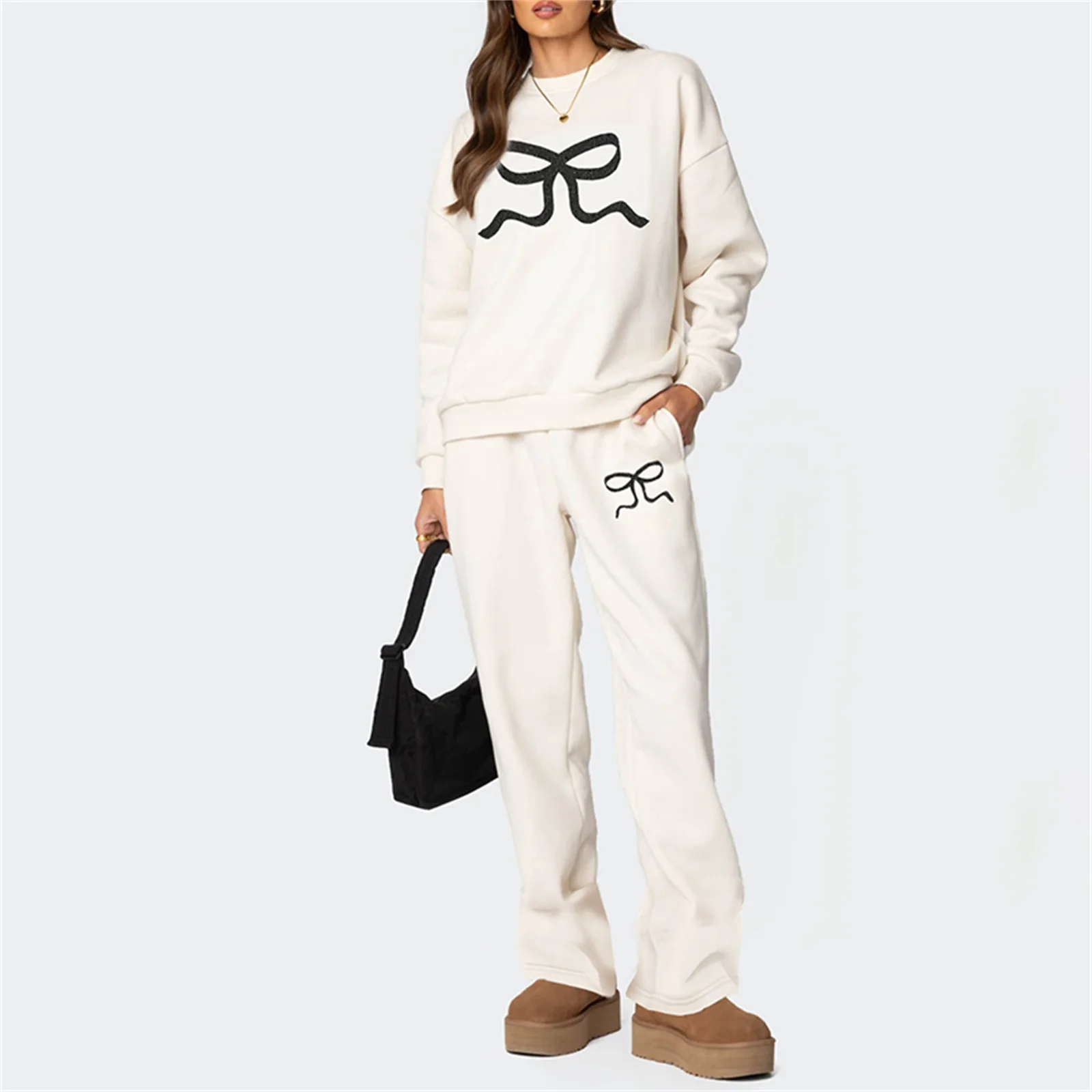 Women Bow Print Pants Set Trendy Solid Color Crew Neck Long Sleeve Hoodie And Loose Sweatpants 2 Pcs Activewear Set
Women Bow Print Pants Set Trendy Solid Color Crew Neck Long Sleeve Hoodie And Loose Sweatpants 2 Pcs Activewear Set