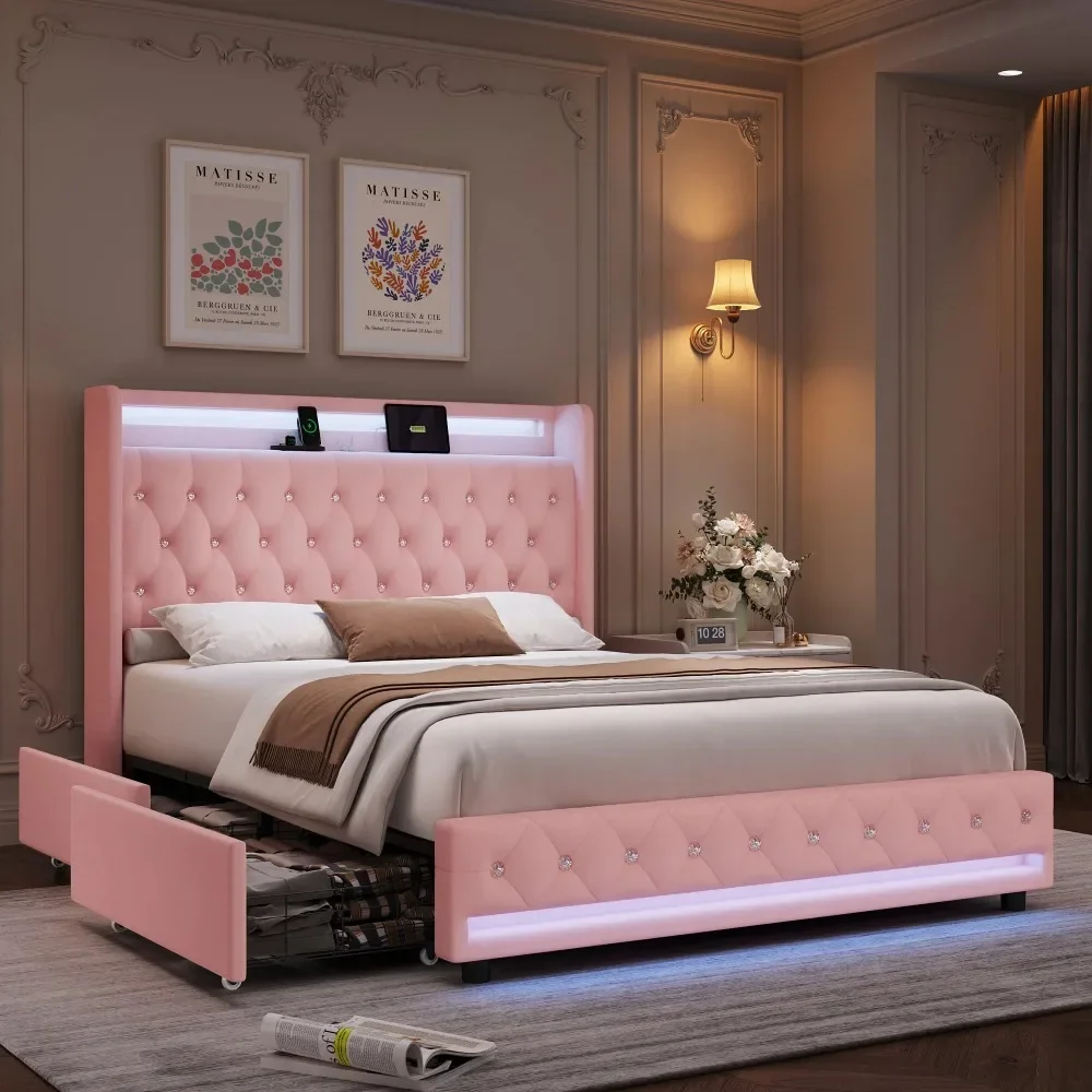 Full Size LED Bed Frame with Outlets and USB Ports,4 Storage Drawers Crystal Button Tufted Velvet Upholstered Platform Bed Frame
Full Size LED Bed Frame with Outlets and USB Ports,4 Storage Drawers Crystal Button Tufted Velvet Upholstered Platform Bed Frame