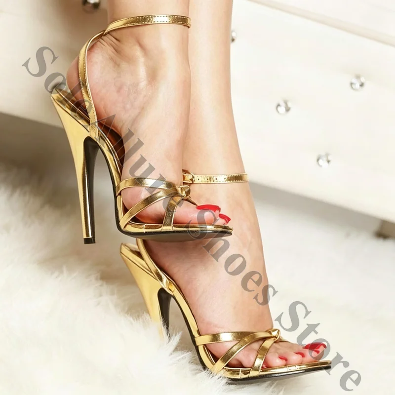 Metallic Gold Strappy Stiletto Heel Sandals Open Toe Knotted Crisscross Vamp High Heel Shoes Adjustable Ankle Buckle Sandals
Metallic Gold Strappy Stiletto Heel Sandals Open Toe Knotted Crisscross Vamp High Heel Shoes Adjustable Ankle Buckle Sandals