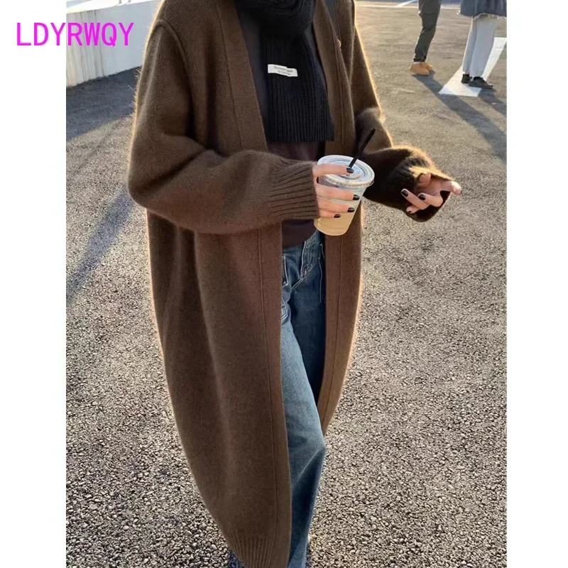 Korean style coffee colored knitted cardigan for women's 2023 new autumn and winter over knee mid length sweater jacket
Korean style coffee colored knitted cardigan for women's 2023 new autumn and winter over knee mid length sweater jacket