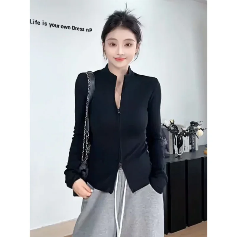 Autumn and Winter New Style Double Zipper Cardigan Short Jacket Women's High Neck Slim Fit Long Sleeved All Match Top 
Autumn and Winter New Style Double Zipper Cardigan Short Jacket Women's High Neck Slim Fit Long Sleeved All Match Top