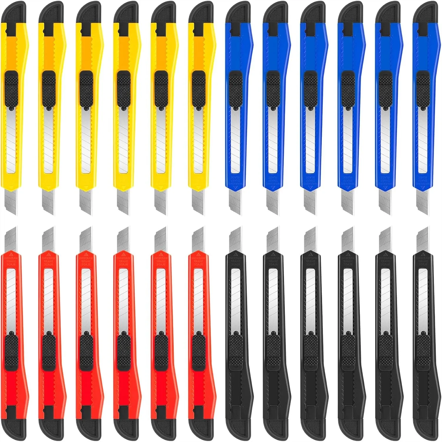 24 Pack Box Cutters 9mm Wide Blade Utility Knife Retractable for Office Home Crafts Heavy Duty Cutting
24 Pack Box Cutters 9mm Wide Blade Utility Knife Retractable for Office Home Crafts Heavy Duty Cutting