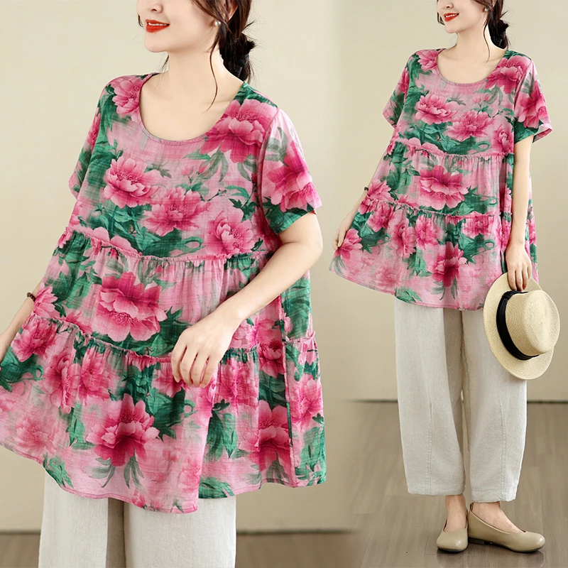 Summer New Loose Comfortable Thin Cotton Linen Splicing Short Sleeve T Shirt Women's Elegant Top Floral Print Casual Wear
Summer New Loose Comfortable Thin Cotton Linen Splicing Short Sleeve T Shirt Women's Elegant Top Floral Print Casual Wear