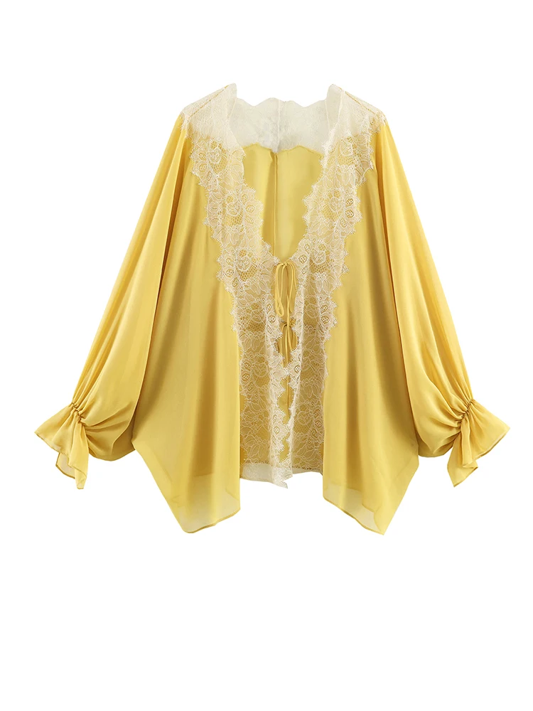 Women V-neck Lace Trim Lace Up Blouse Long Sleeve Flowy Top Loose Shirts
Women V-neck Lace Trim Lace Up Blouse Long Sleeve Flowy Top Loose Shirts