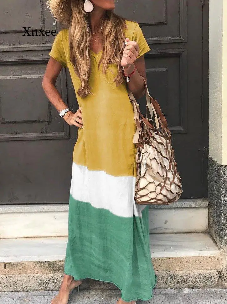 2022 Summer Women Long Dress Fashion Color Matching Beach Pullover Sundress Bohemia Loose Ladies V Neck Short Sleeve Robe New
2022 Summer Women Long Dress Fashion Color Matching Beach Pullover Sundress Bohemia Loose Ladies V Neck Short Sleeve Robe New