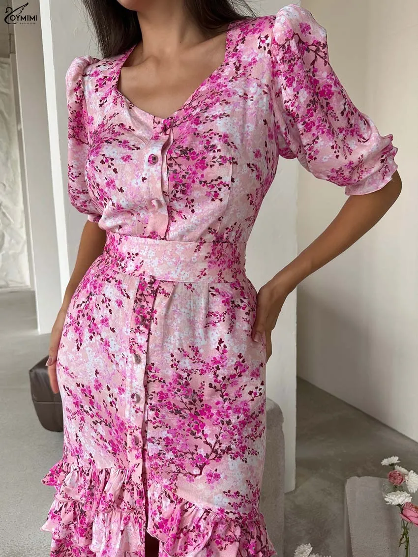Oymimi Elegant Pink Print Women's Dress Casual V-Neck Half Sleeve Single Breasted Dresses Fashion Lace-Up Ruffled Mid-Calf Dress
Oymimi Elegant Pink Print Women's Dress Casual V-Neck Half Sleeve Single Breasted Dresses Fashion Lace-Up Ruffled Mid-Calf Dress