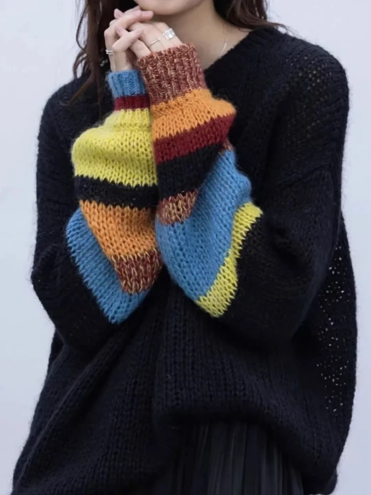 American retro black rainbow sleeve women's sweater with sweet and stylish design, trendy women's pullover knitted top
American retro black rainbow sleeve women's sweater with sweet and stylish design, trendy women's pullover knitted top