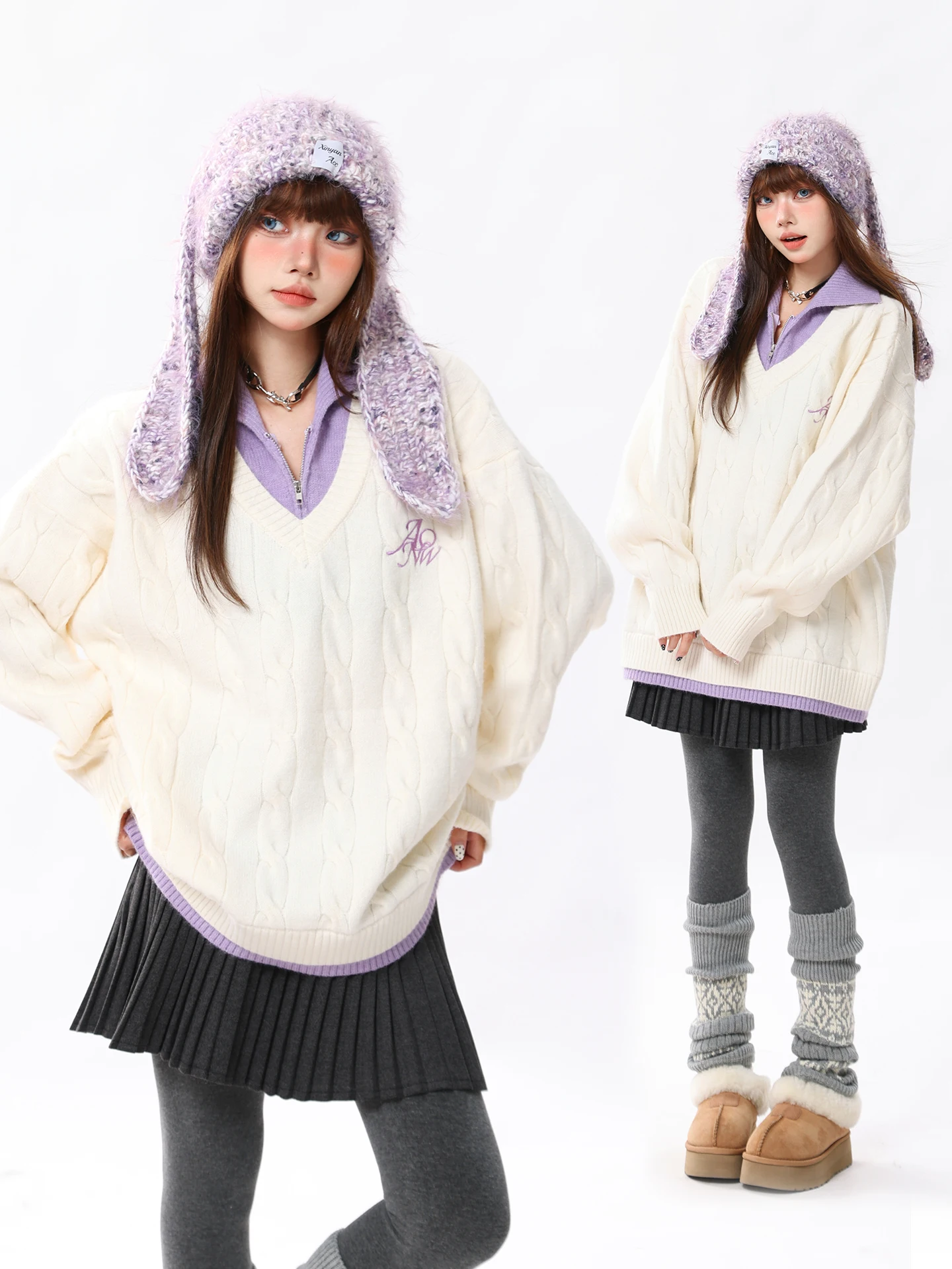 Retro American Sle Women's Knitwear V-Ne Splicing Loose Autumn Winter Faion College Sle Top Fake Two-Piece Design
Retro American Sle Women's Knitwear V-Ne Splicing Loose Autumn Winter Faion College Sle Top Fake Two-Piece Design