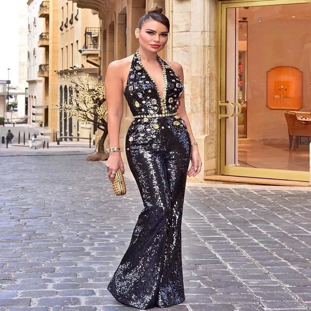 Sexy Outfits Fashion Exaggerated Rhinestone Sequins Low Collar Sleeveless Hanging Neck Jumpsuit Women's Micro Flared Pants 2023
Sexy Outfits Fashion Exaggerated Rhinestone Sequins Low Collar Sleeveless Hanging Neck Jumpsuit Women's Micro Flared Pants 2023